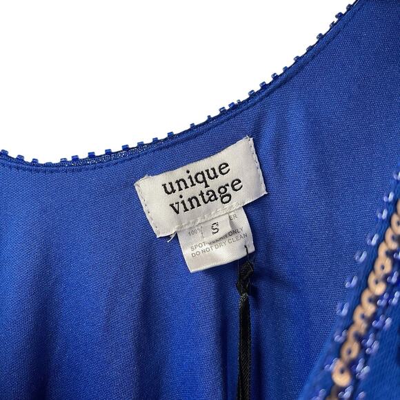 Unique Vintage Royal Blue Flapper Mini Dress S Beaded Sequin Fringe NWT - Picture 4 of 10